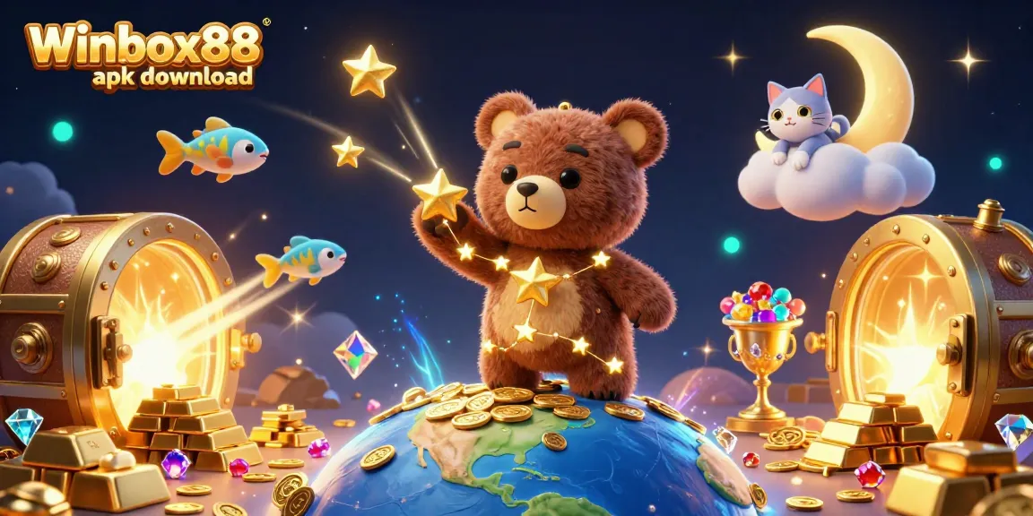 Winbox88 apk download: Immersive 3D illustration of a constellation bear in a vibrant casino-themed scene.