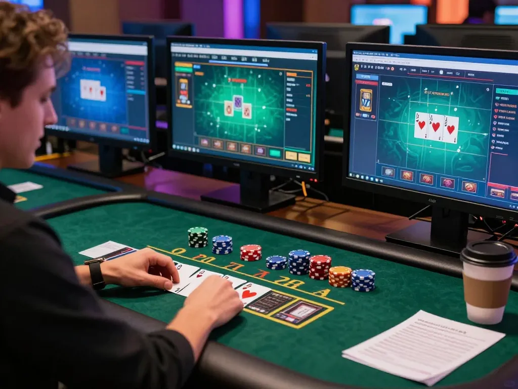 Engaging in strategic online blackjack gameplay at MM88 with multiple screens and notes.