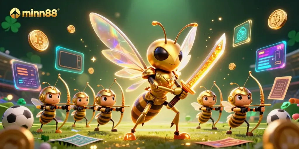 Engage in thrilling sports betting action with minn88, showcasing a dynamic scene featuring a giant hornet samurai and golden bee archers.
