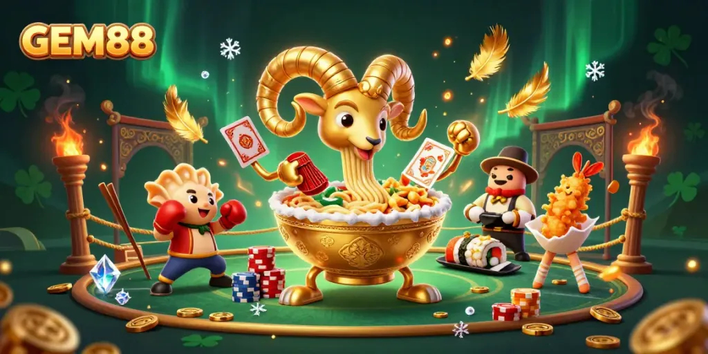 Experience the excitement of GEM88 with a vibrant casino-themed illustration showcasing a golden ramen bowl and dynamic characters in action.
