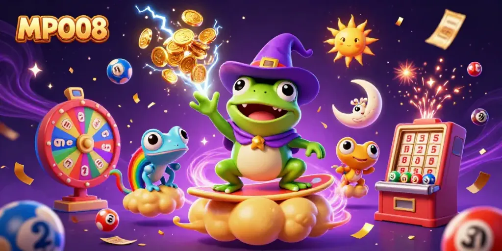 Experience the excitement of MPO08 casino games with a dynamic storm of golden coins and vibrant characters.