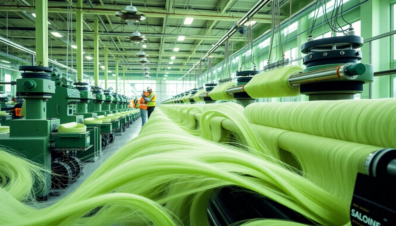 Viscose productie proces in een textielfabriek met vibrante kleuren en professionele omgeving.