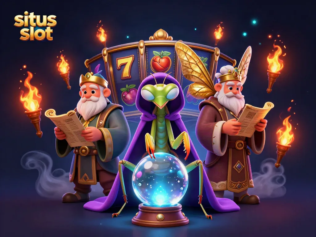 Engage with situs slot adventures in this animated scene featuring mystical characters and vibrant gaming elements.