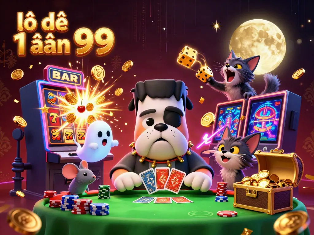 Playing lô đề 1 ăn 99 with cartoon characters at a vibrant casino table surrounded by excitement.