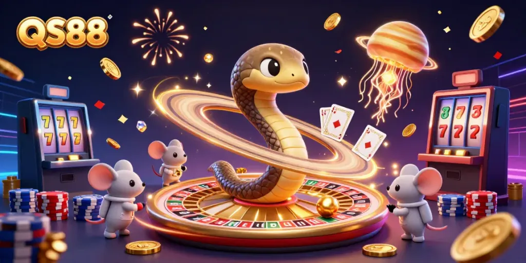 Engage in winning strategies at QS88 with vibrant casino-themed 3D illustration depicting cosmic elements and betting activities.