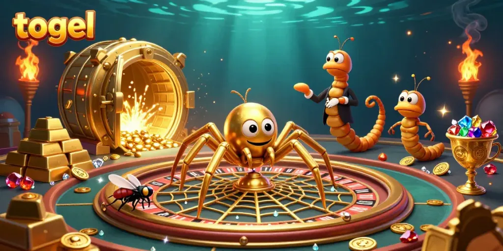 Engaging togel scene featuring a spider and fly among golden treasures and roulette elements.
