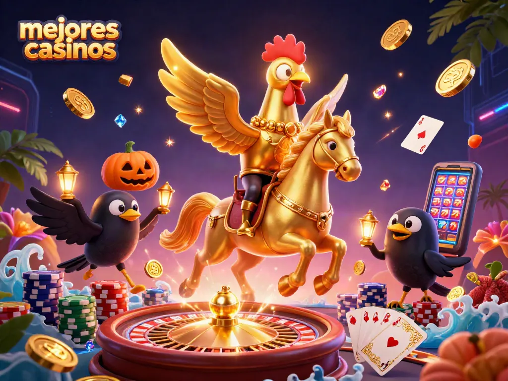 Explora los mejores casinos con un gallo dorado y divertidos personajes en un entorno nocturno lleno de acción.