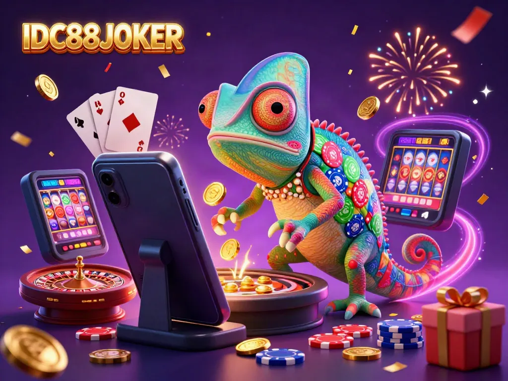 Get ready to play at IDC88JOKER with our vibrant and detailed casino scene featuring clever characters and captivating games.