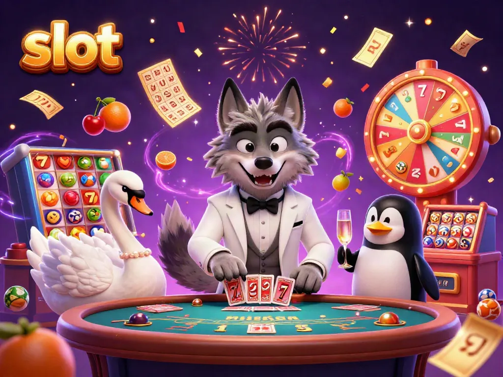 Engaging slot-themed casino illustration showcasing diverse characters amidst vibrant game elements.