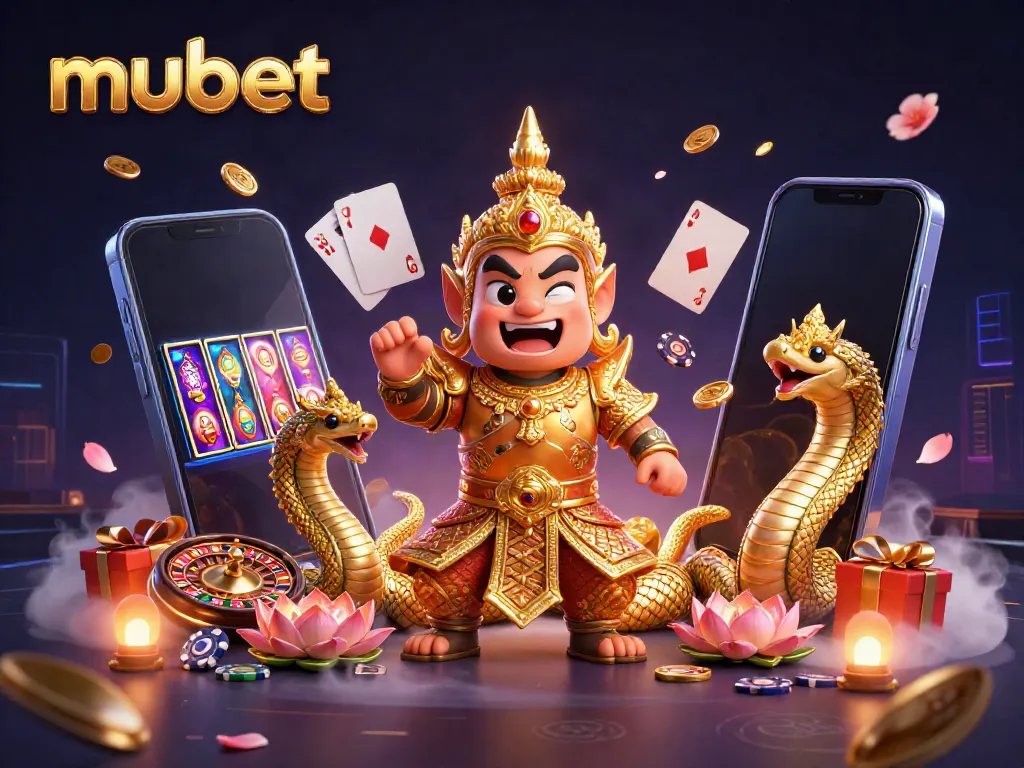 Experience fun gaming adventures with mubet's epic casino scene featuring colorful slots and mythical guardians.