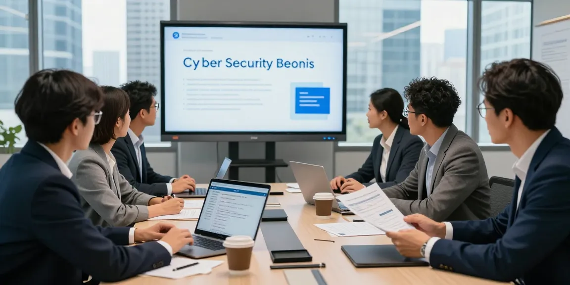 Team discussing cyber essentials cost during a professional meeting, showcasing strategic approach to cybersecurity certification.