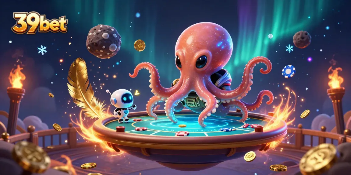 Experience the excitement of 39bet with a vibrant 3D casino scene featuring unique poker elements and lively characters.