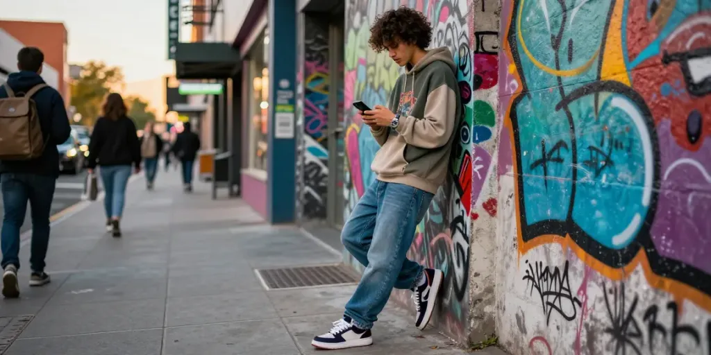 Stylish young person in trendy streetwear showcasing rokok88 urban fashion in a vibrant city.