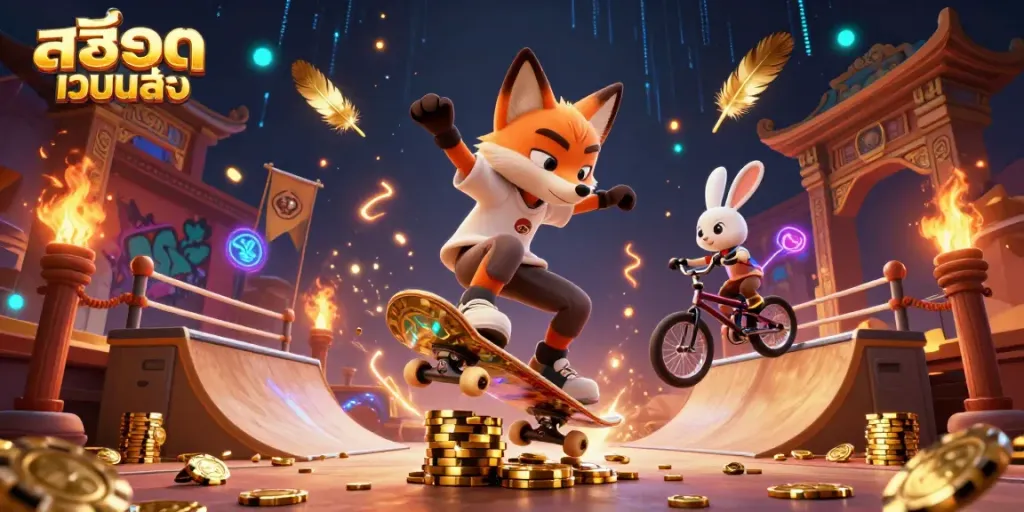 Engage in thrilling gameplay with สล็อตเว็บตรง, where the action-packed scene features a skateboarder fox and a BMX rabbit amidst dazzling casino elements.
