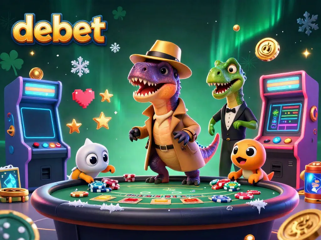Experience the thrilling blackjack scene with debet: a velociraptor card counter, stegosaurus pit boss, and compy pickpocket amid sparkling casino elements.