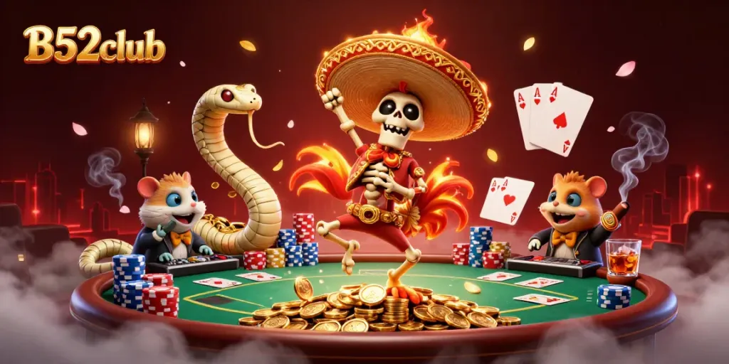 Engage in thrilling action at B52club with vibrant characters dancing on golden coins