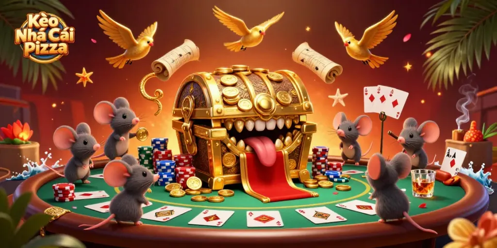 The scene from Kèo Nhà Cái Pizza featuring treasure chests, poker elements, and vibrant colors, promoting a rich gambling atmosphere.