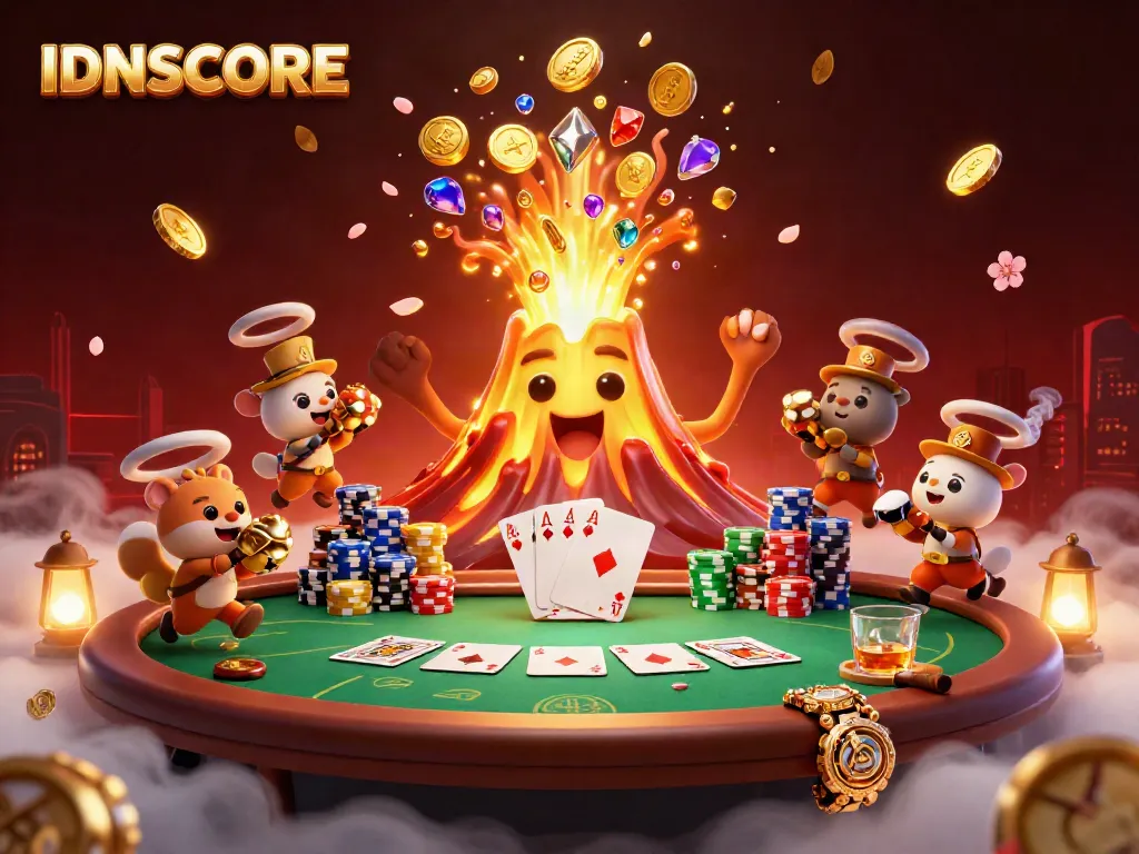 IDNSCORE enthralls with a golden volcano erupting treasure and a lively poker scene.