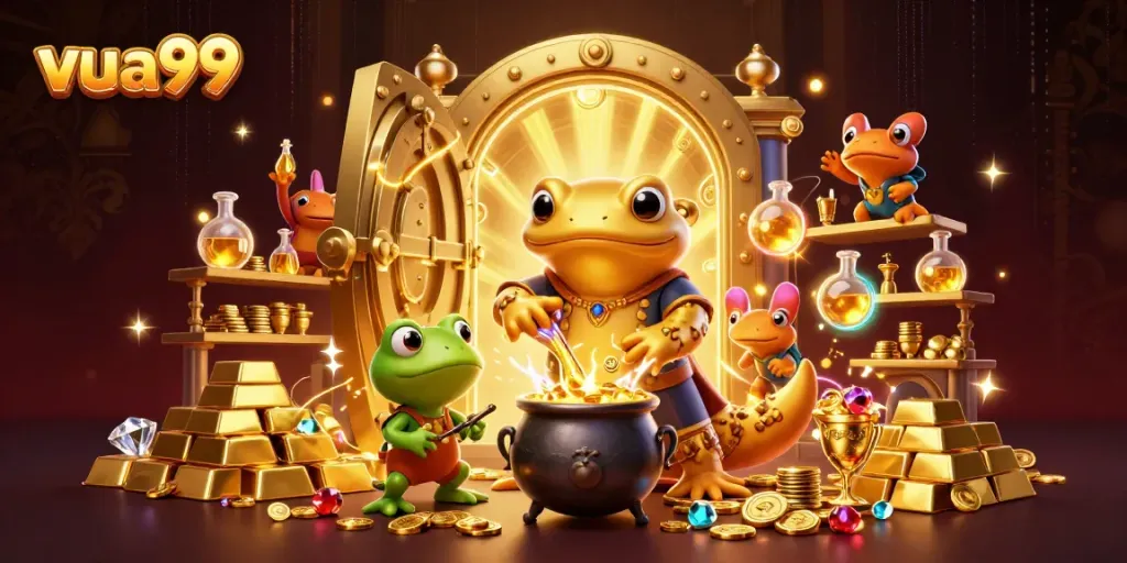 Experience gaming magic with vua99's alchemist creating wealth and fortune in a vibrant casino.