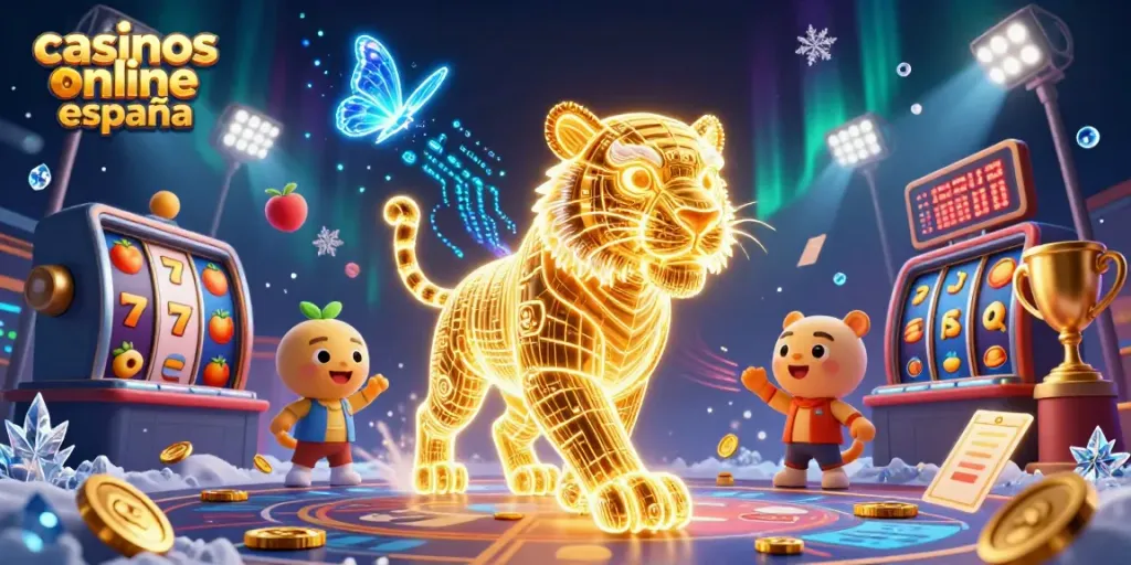 Disfruta de la emoción de los casinos online España con un tigre dorado iluminado y elementos de juego dinámicos.