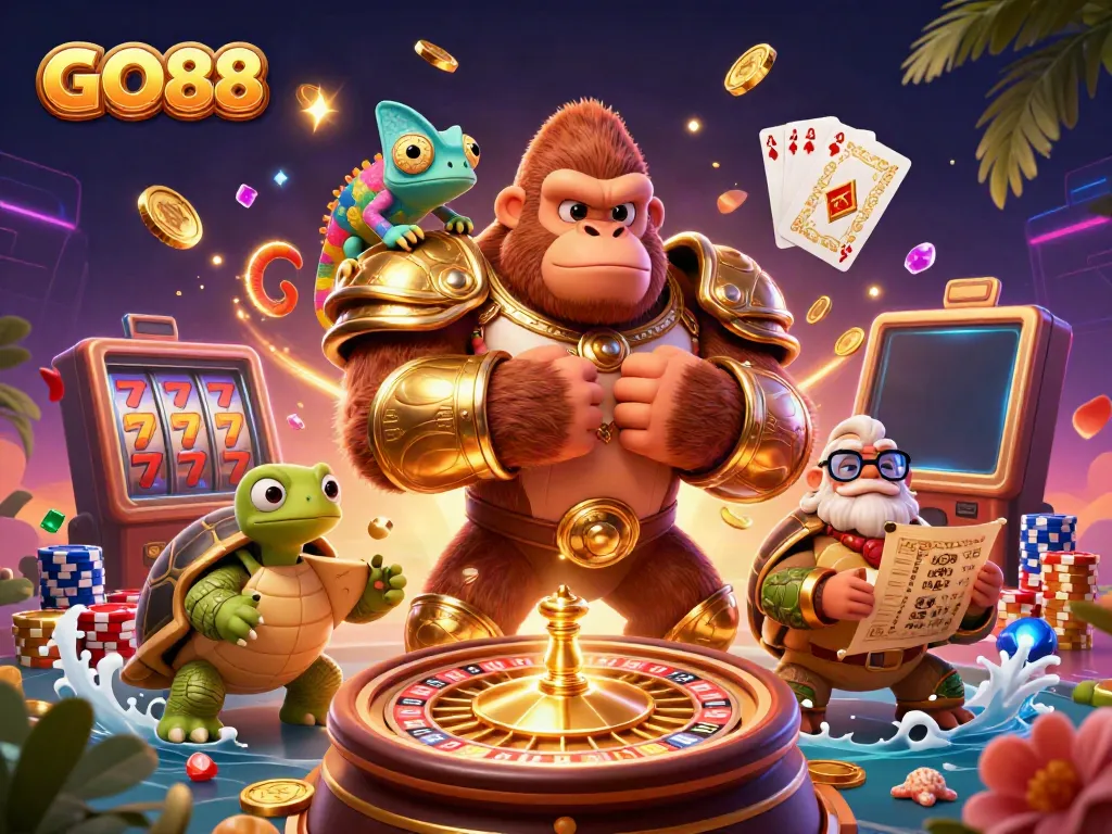 Engage with GO88's vibrant 3D casino scene, showcasing thrilling gaming action around enchanting characters.