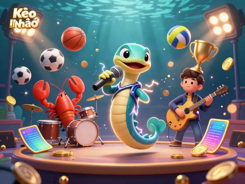 Kèo Nhà Cái-themed underwater casino illustration featuring an electric eel DJ with vibrant elements.
