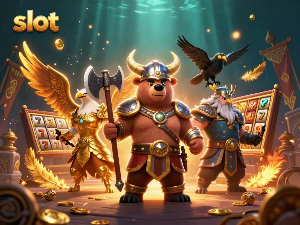 Experience thrilling slots with a Viking bear, Valkyrie, and dazzling jackpot in a dynamic scene.