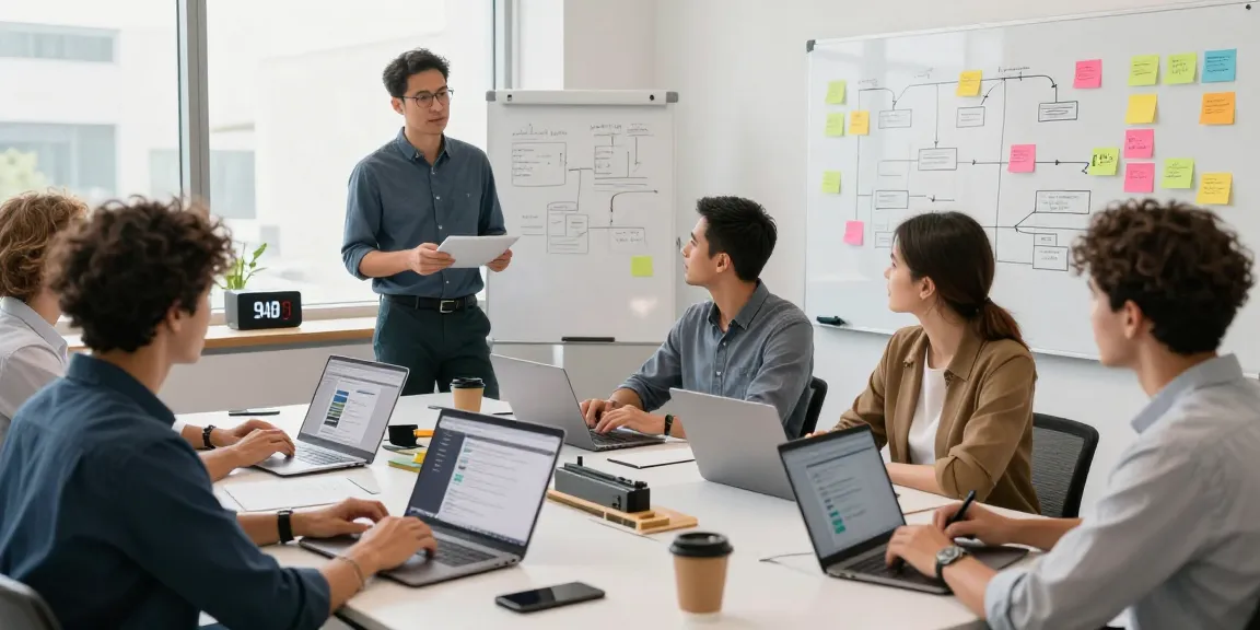 Build internal tools with AI in a collaborative workspace with a diverse team brainstorming and using laptops.