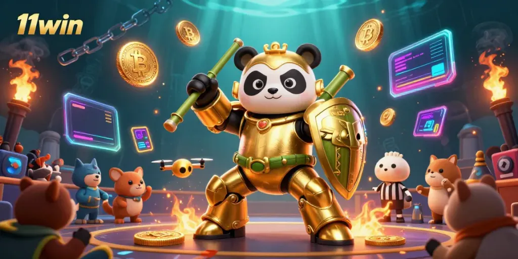 Experience thrilling gameplay at 11win with a dynamic casino illustration featuring vibrant action and crypto elements.