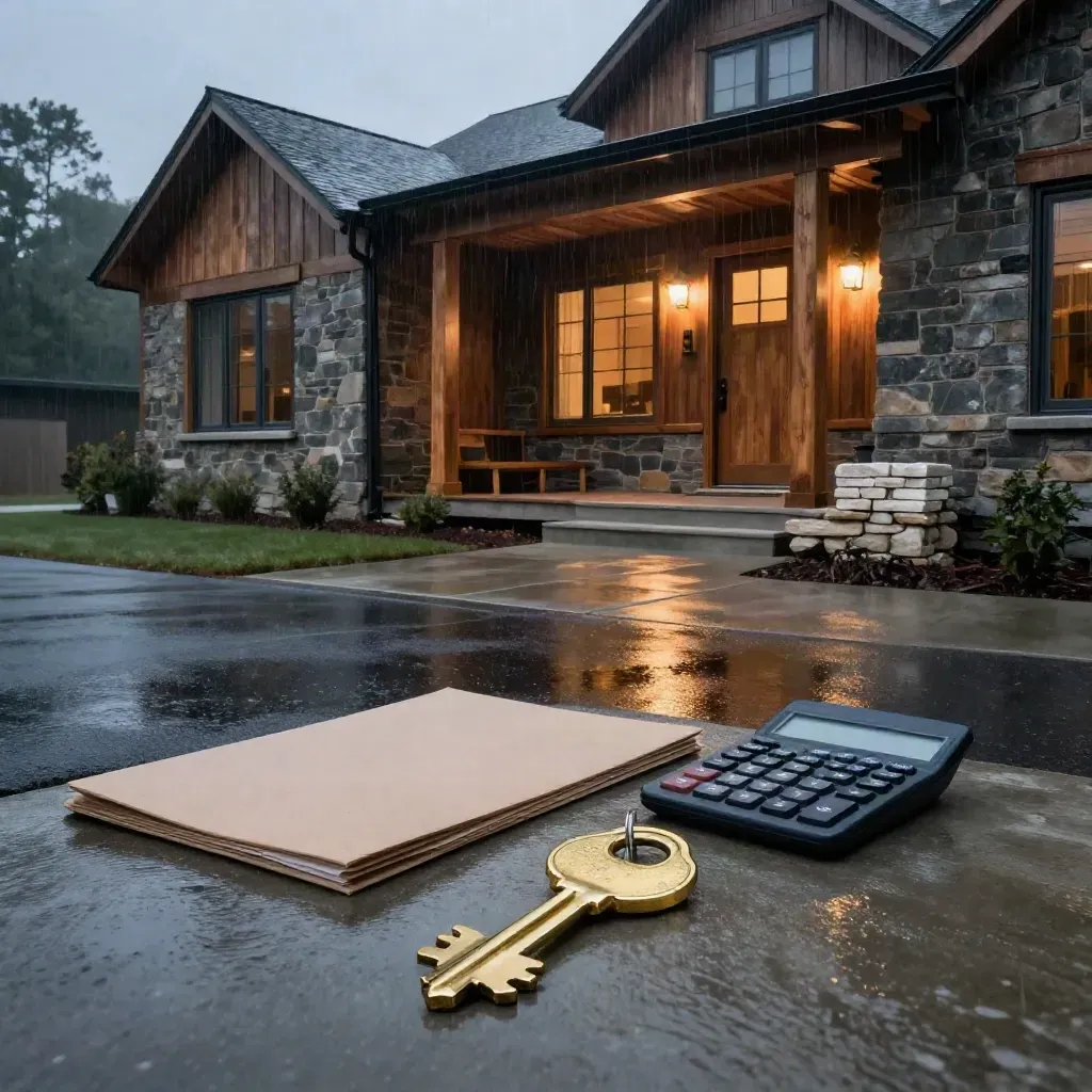Rainy suburban home porch with key, folder, calculator, and stone blocks at dusk.