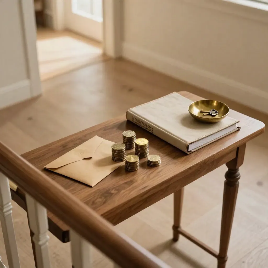 Entry table with coins, envelope, binder, ceramic dish, and brass bowl lit from the side.