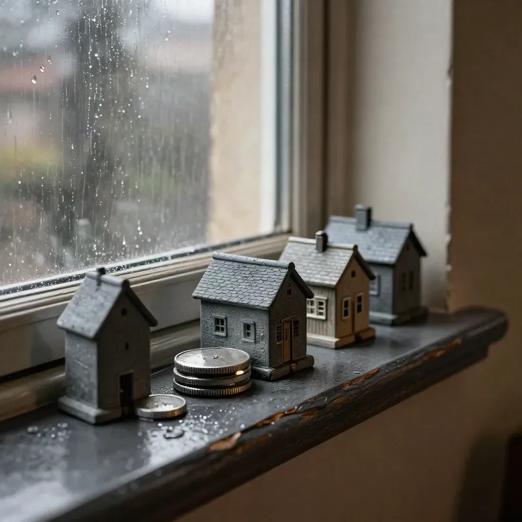 Rain-darkened windowsill with tiny roofline models and coin stacks in warm late-afternoon light.