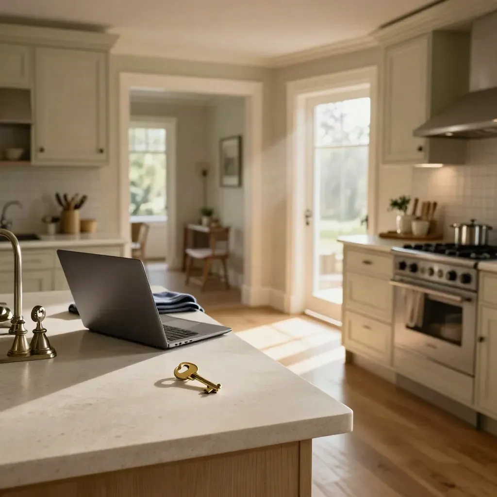 Sunlit suburban kitchen and hallway with laptop, brass key, and open patio door