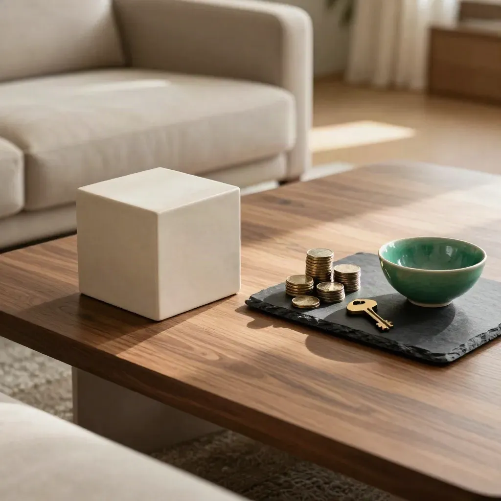 Coffee table split between ceramic blocks and coin stacks beside a house key in warm afternoon light.