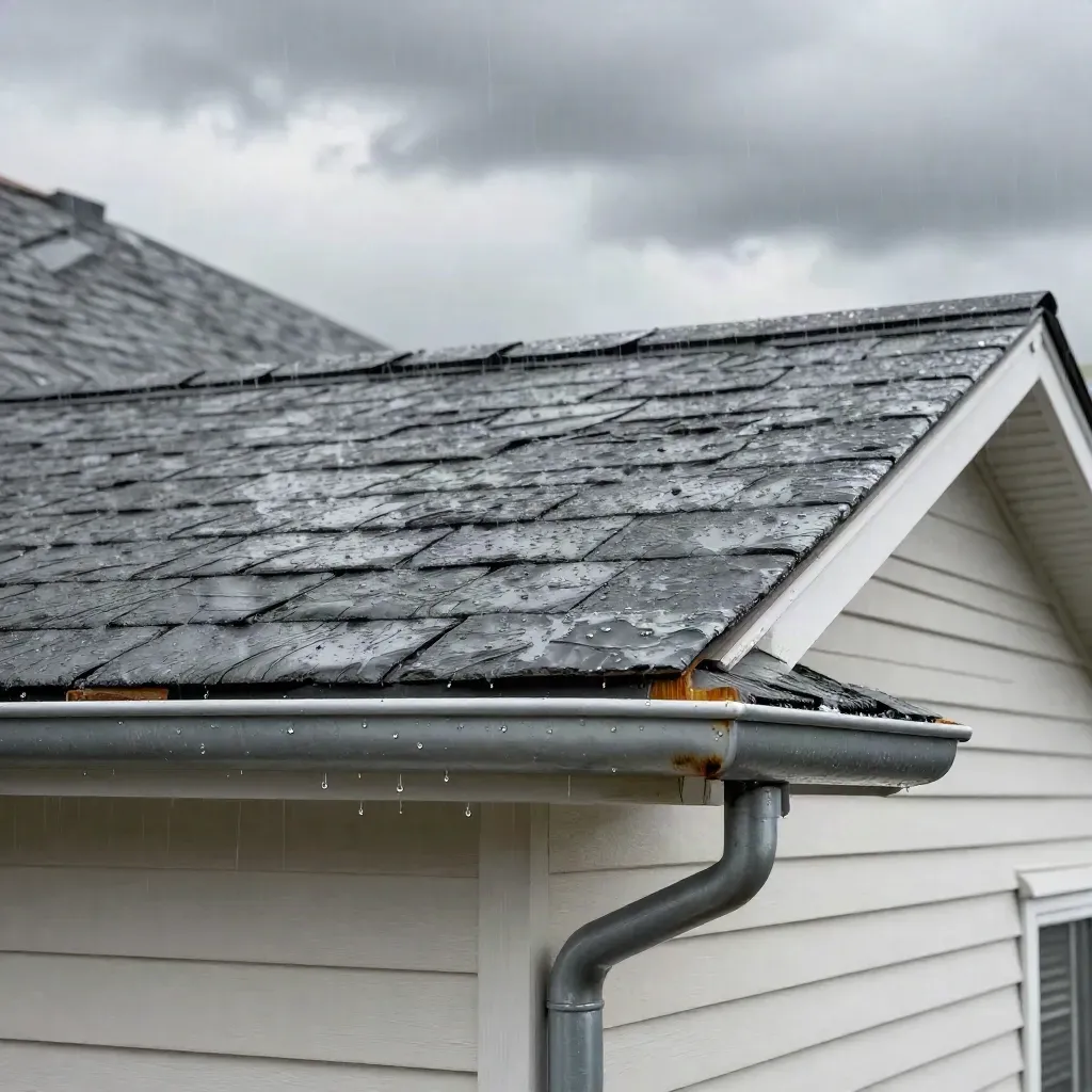 Rainy suburban roofline with shifting light, gutter gleam, and diagonal shingles