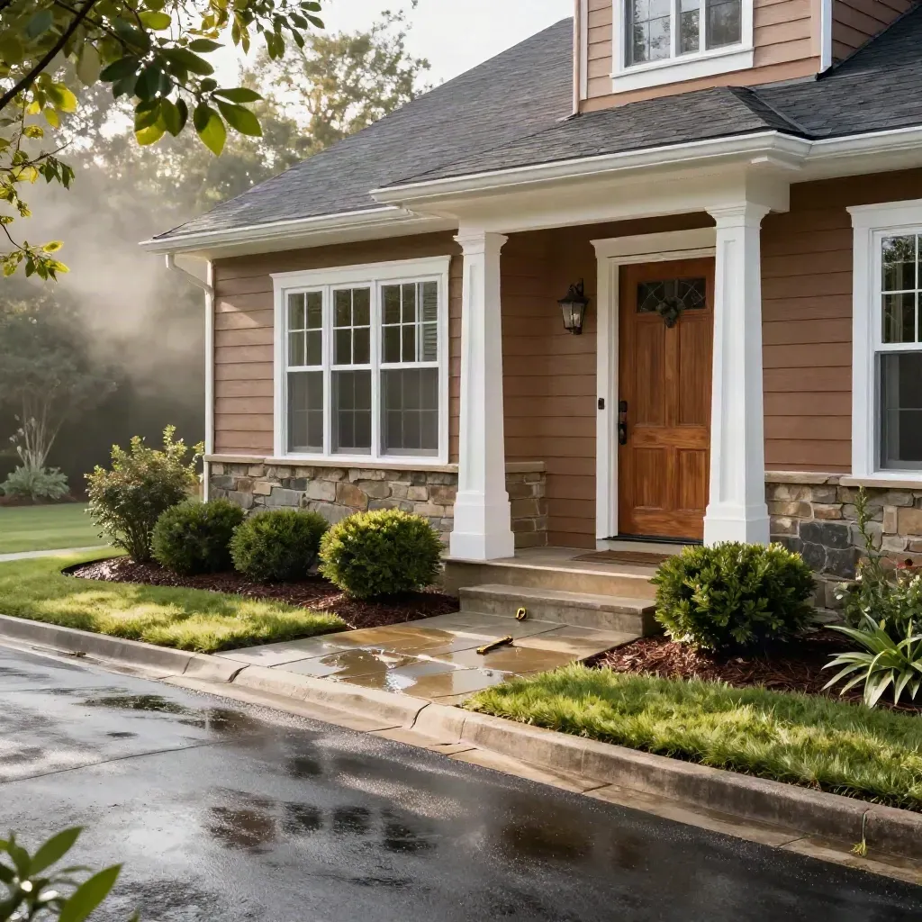 Fresh suburban home exterior with new trim, landscaped yard, and a brass key on the front step.