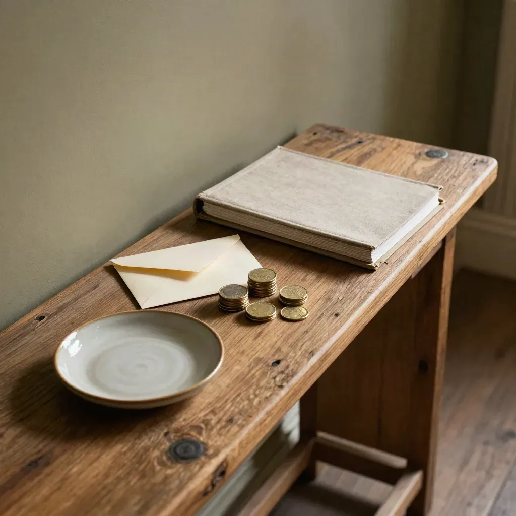Top-down editorial still-life on an entryway console with coin piles, envelope, binder, and ceramic dish.