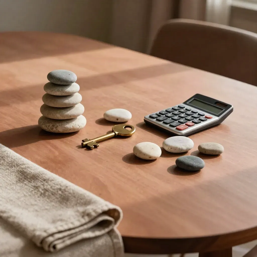 River stones, brass key, and calculator on a terracotta dining table in late sun.