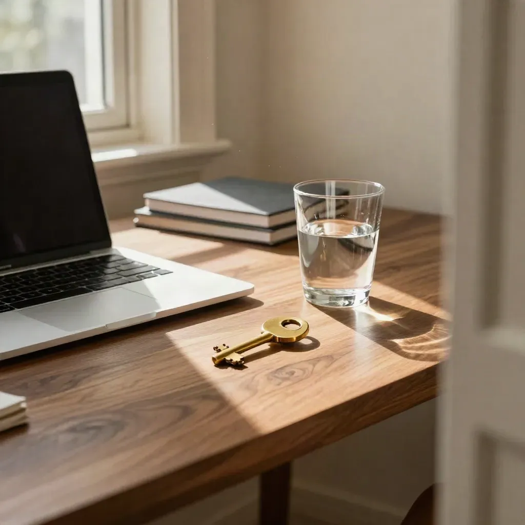 Sunlit walnut desk with brass key, off laptop, and water tumbler by a window