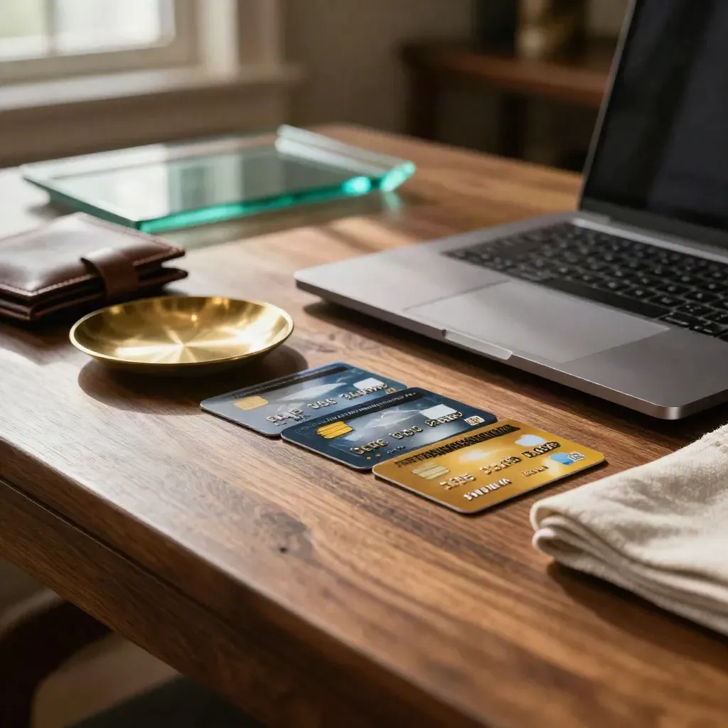 Face-down credit cards beside a closed laptop and brass dish on a warm home desk.