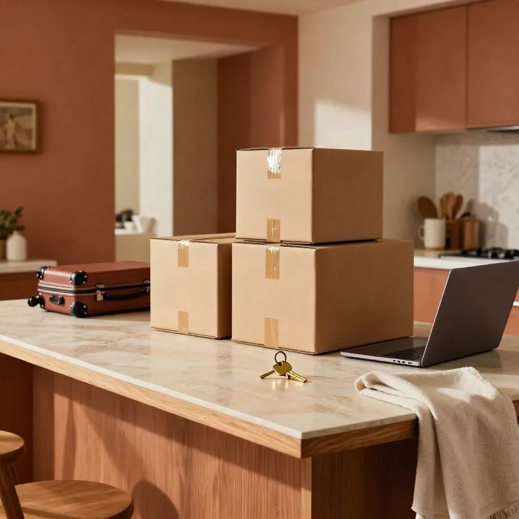 Kitchen island with moving boxes, closed laptop, brass key and suitcase in warm afternoon light.
