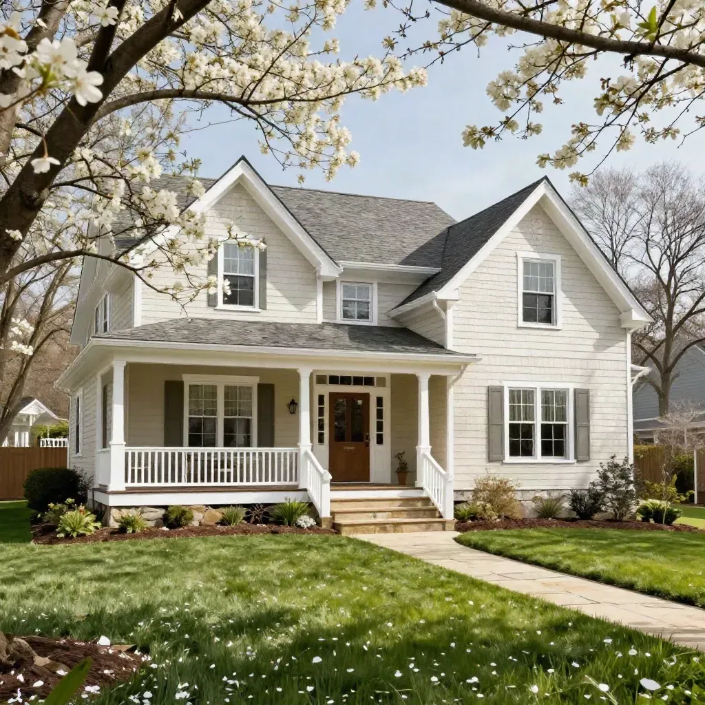 Bright house facade with blooming tree, fresh trim, and diagonal lawn view