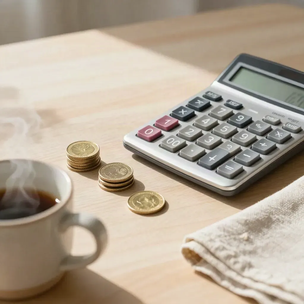 Calculator, coin stacks, mug, and napkin on a sunlit breakfast table