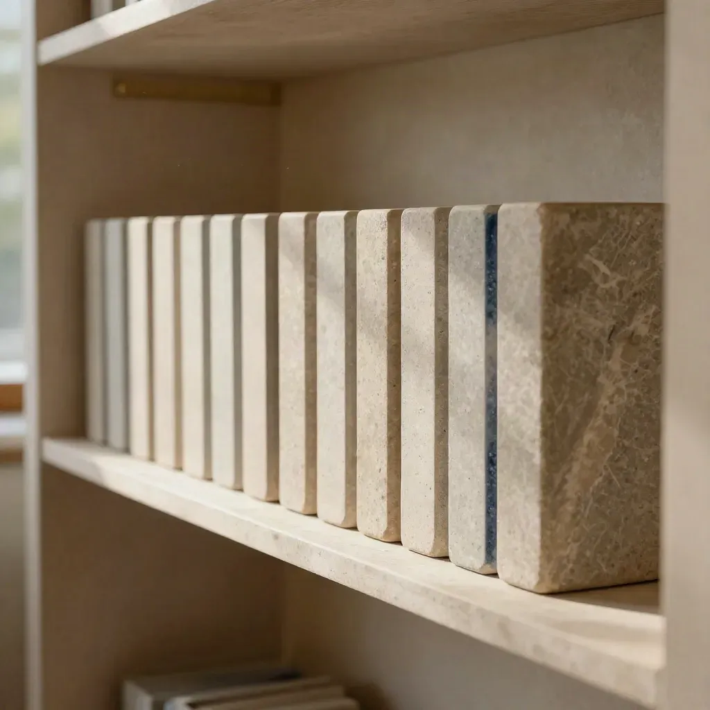 Sunlit shelf of ceramic blocks and one stone block in a cozy plaster nook, with long shadows.