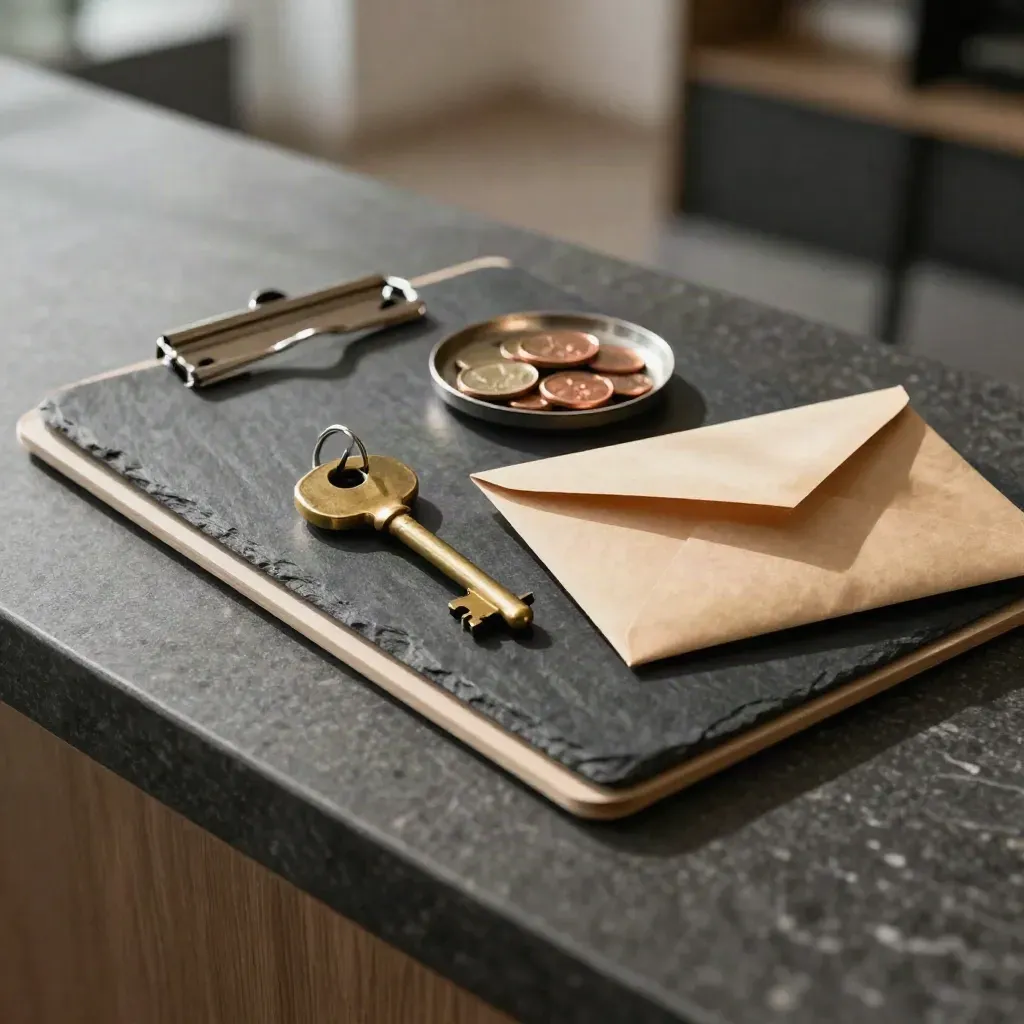 Clipboard, brass key, coin dish, and opened envelope on a dark stone counter.