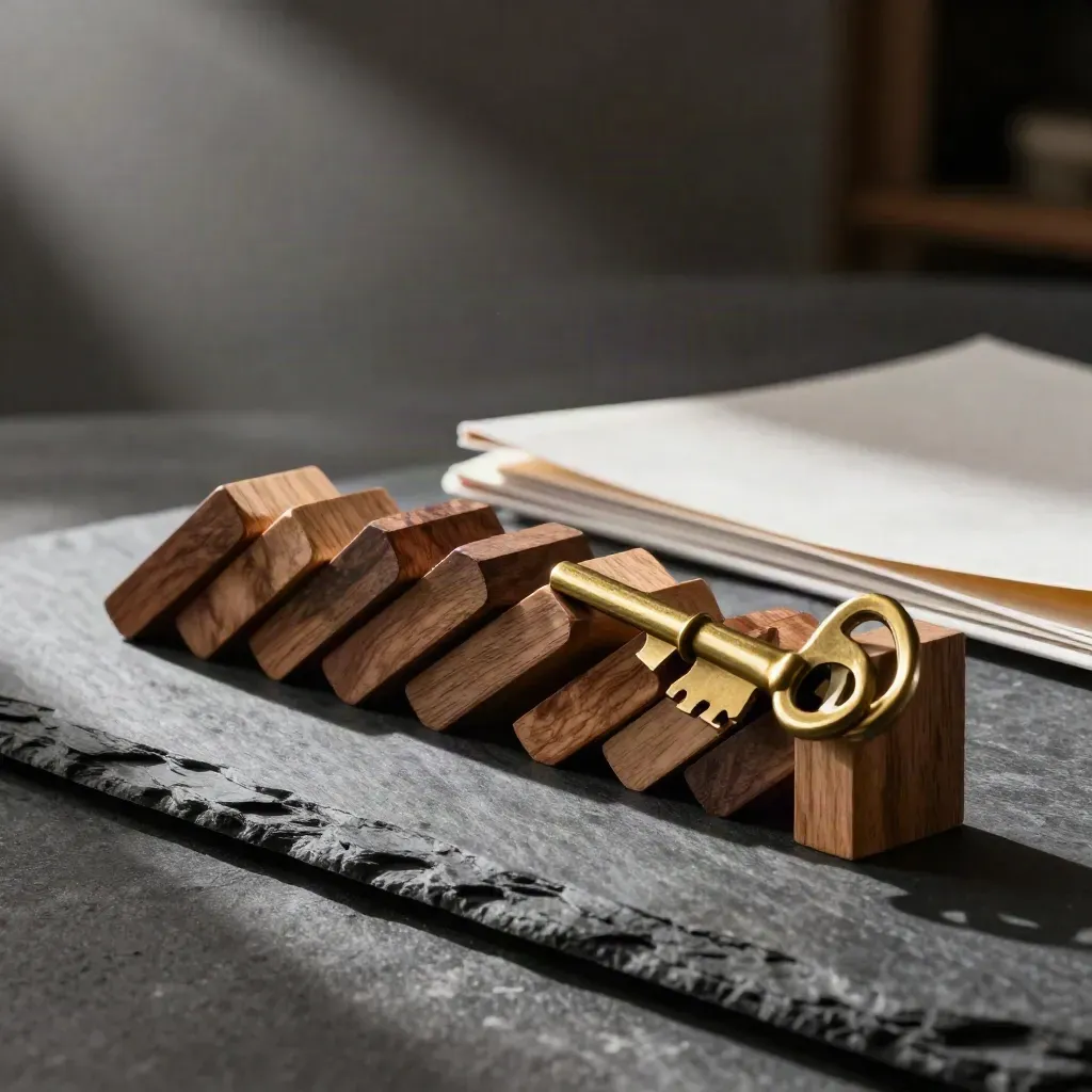 Wood blocks, brass key, and closed folder on a slate ledge in moody side light.