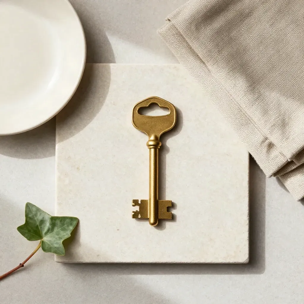 Brass house key beside a ceramic dish, linen cloth, and ivy on pale stone.