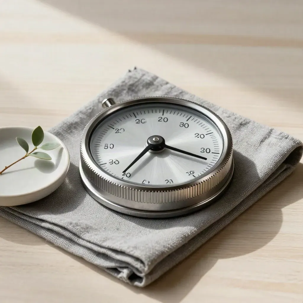 Top-down still life of a metal rate dial, slate cloth, dish and greenery on pale wood.