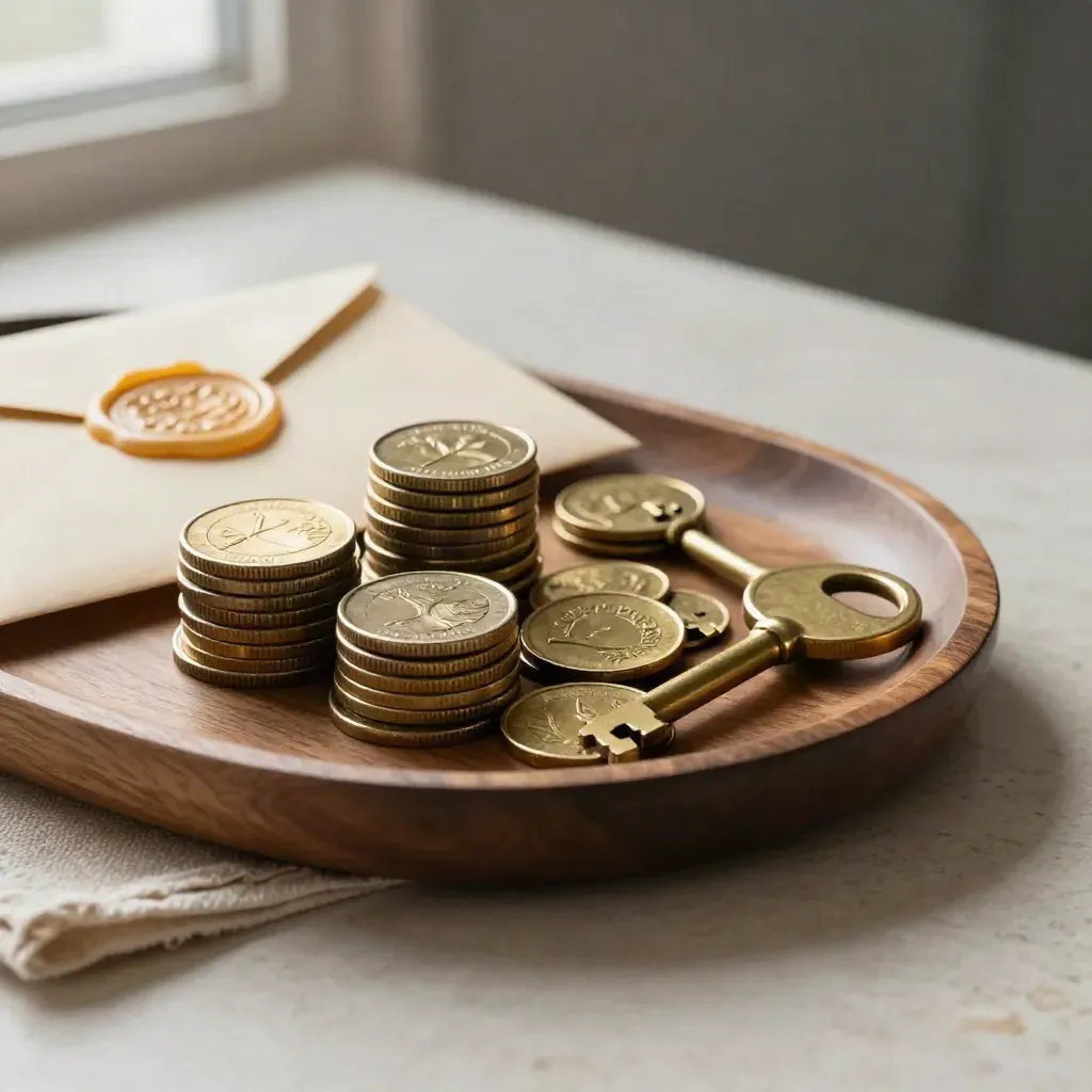 Coins, wax-sealed envelope, and brass key on a walnut tray in soft window light.