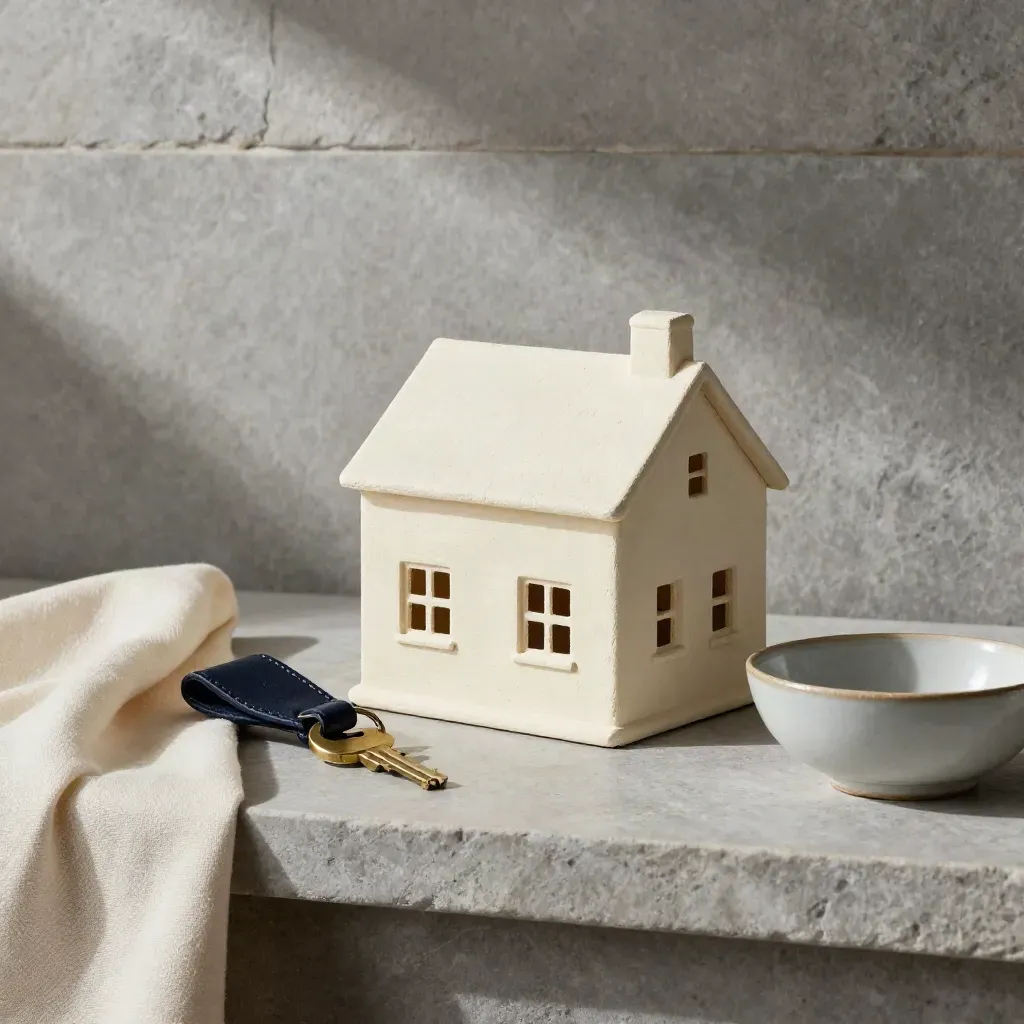 House model with key ring, folded cloth and bowl on a stone shelf in soft daylight.